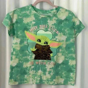 Star Wars Girls Yoda Flip Sequins Short Sleeve Green T-shirt (600)
